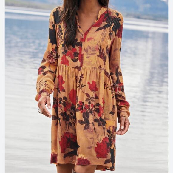 Peruvian Connection Dress Womens Medium Orange Floral Titania Chemise - Picture 1 of 12